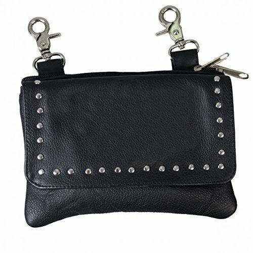 LADIES Soft Cowhide Genuine Leather CLIP POUCH PURSE, w/ Studs, Strap, Lobster Claw Clips - BLACK