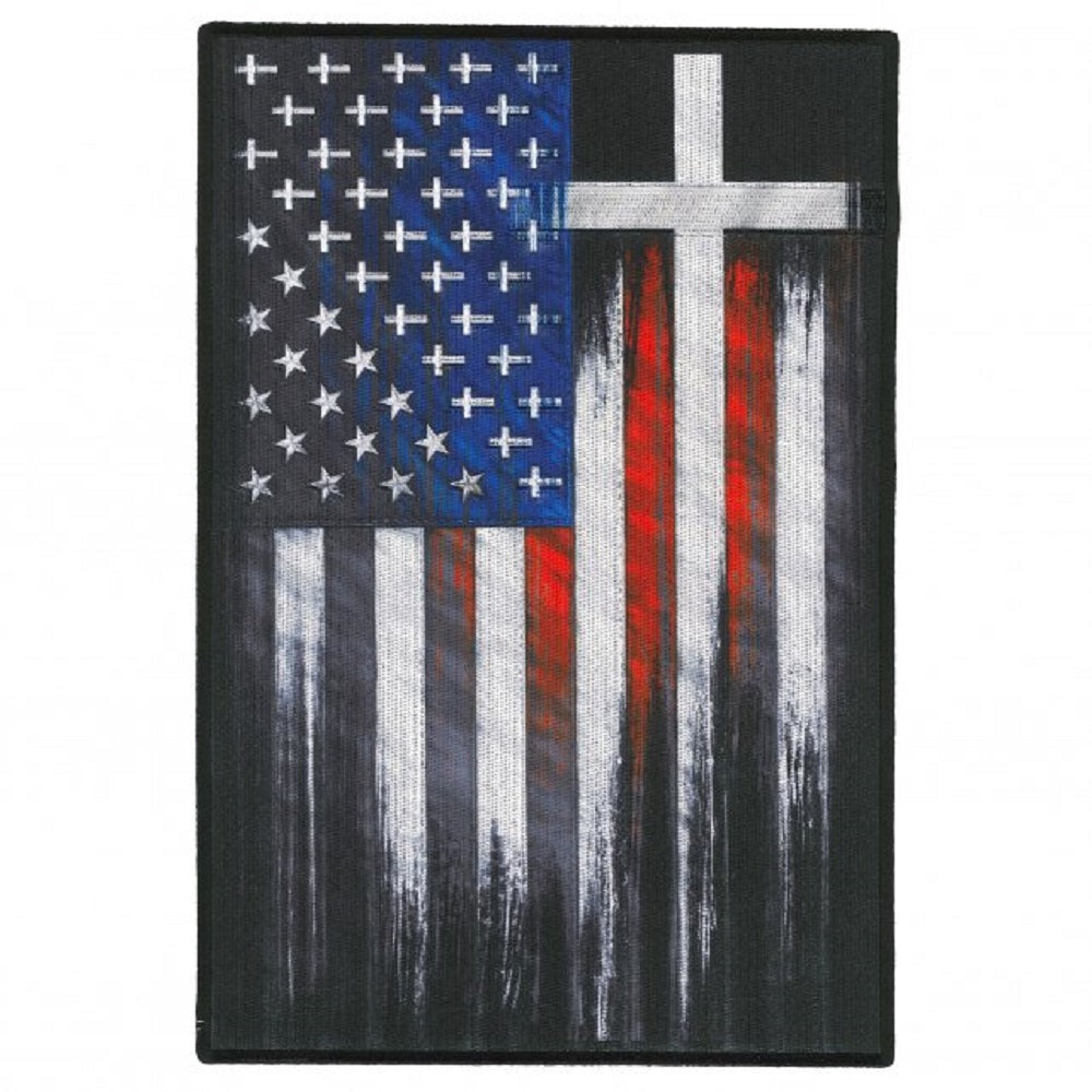 CROSS USA FLAG LARGE PATCH - Cross Designed inside US Flag, High Thread Iron-On Heat Sealed / Sew-On PATCH - 7.5" x 11"