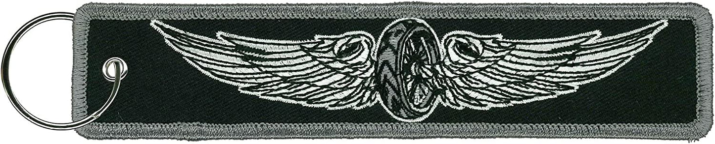 FLYING WHEEL, FOB KEYCHAIN - Double Sided Key Ring High-Quality Full Thread Embroidered Rayon Biker Keychain - 1.25" x 6.2"
