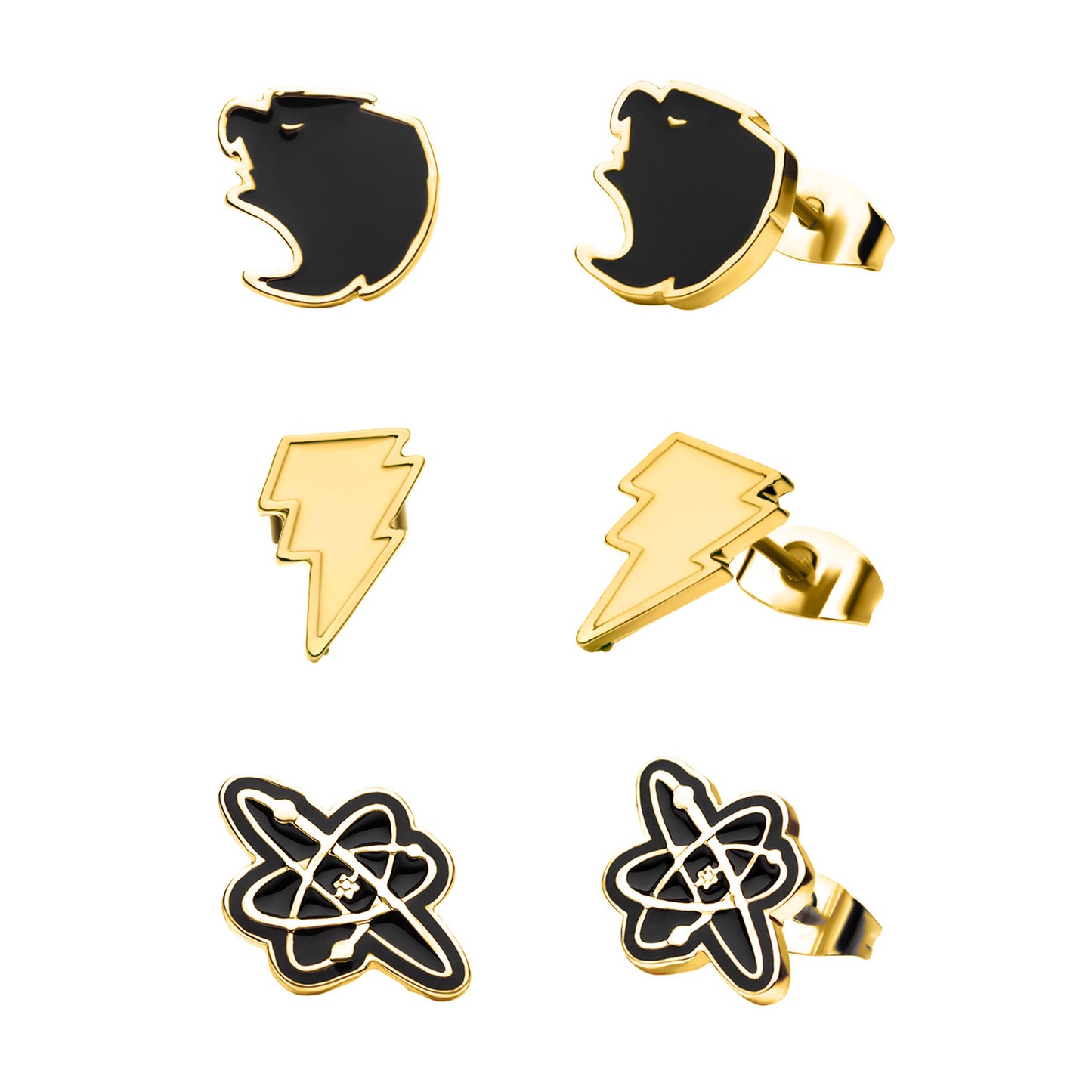 DC Comics BLACK ADAM 3 PAIRS STUD EARRINGS SET - Officially Licensed Warner Bros. Stainless Steel Premium Quality Enamel Stud EARRINGS