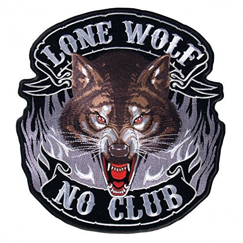 Lone Wolf , "NO CLUB", with Flames, High Quality Iron-On / Saw-On Rayon FULL FACE PATCH - 5" x 5"