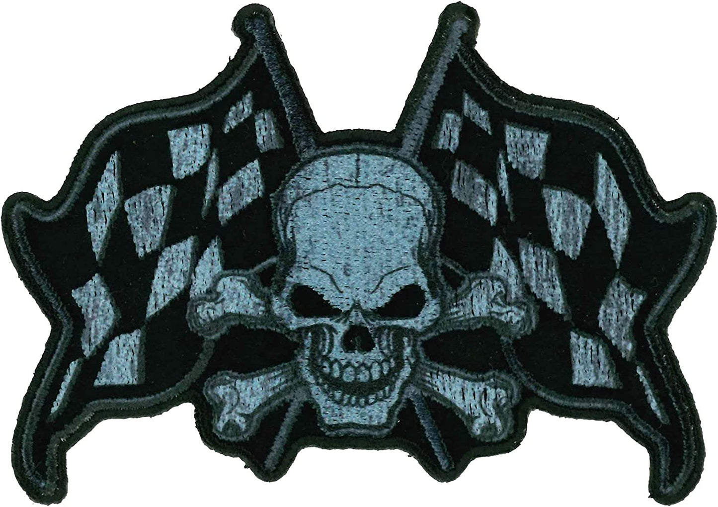 CHECKERED FLAGS, PATCH - Bones w/ Skull Embroidered High Thread Iron-On Heat Sealed Backing Sew-On Biker's Patch - 4" x 3"