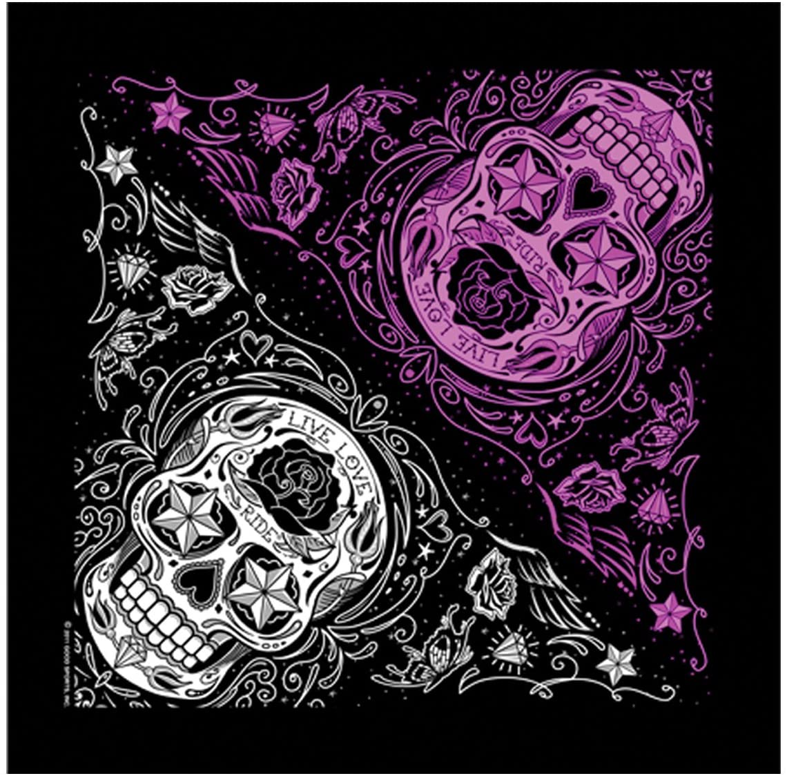 Bikers Bandanas Collection, Original Artwork Design, High Quality Thread Count BANADANA, Sugar Skull, Live, Love, Ride 21" x 21"