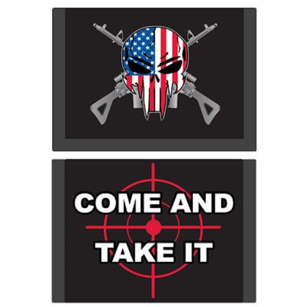 SNIPER SKULL WALLET - Cross Rifle Come And Take It - Embroidered Logo Trifold Nylon Wallet - 3.5" x 5"
