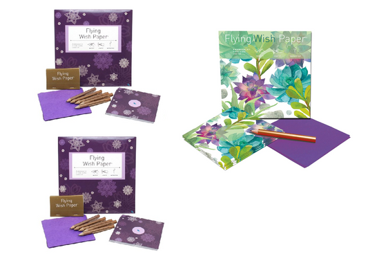 Flying Wish Paper Combo Set, 2 x Purple Snow, Large Kits + 1 x Cactus Green, Mini Kit - Write it, Light it & Watch it Fly - (3 x Sets)
