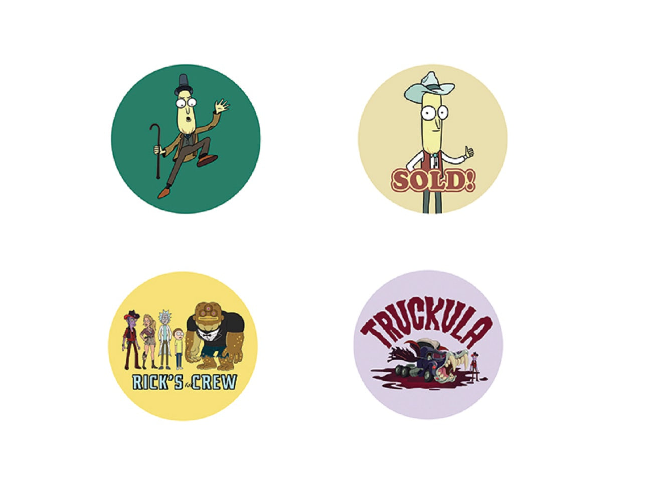 RICK & MORTY COMBO PACK BUTTONS - Poppy Dance, Sold!, Rick's Crew & Truckula Original Artwork Combo Pack 4 x Buttons