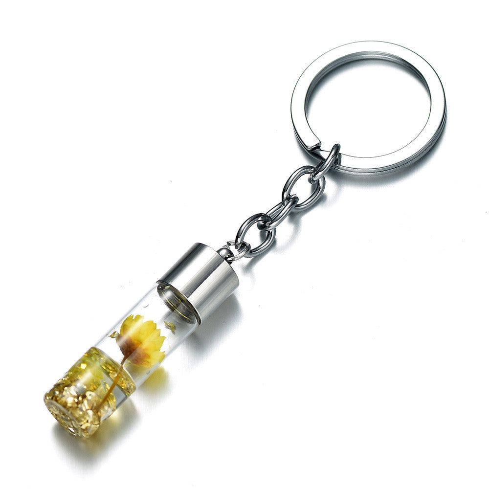 Glass Wish Bottle Keychain, Wish Drift Bottle w/ Dried Flower Pendant Charms Key Ring - Yellow