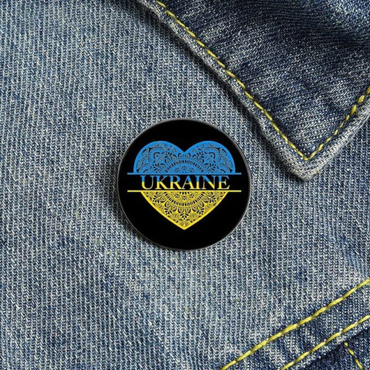 "UKRAINE FLAG HEART PIN, I Stand With Ukraine Support Black Brooch Badge Button Pin, .79"" / 2cm"