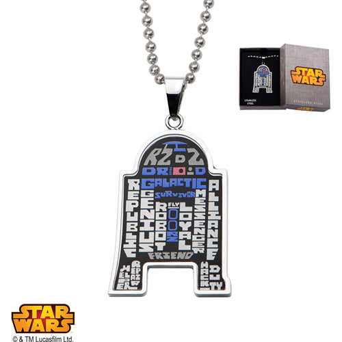 Star Wars R2D2 Enamel Pendant - R2D2 Shape Typography Art Stainless Steel Chain Necklace