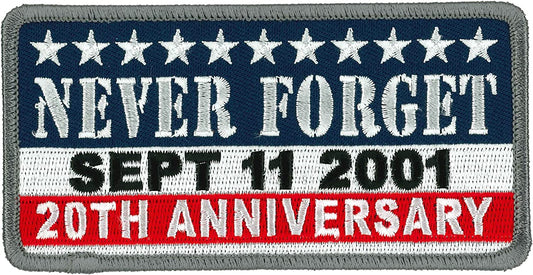 9/11 - Never Forget 20th Anniversary Sept 11 2001, PATCH - High Thread Iron-On Heat Sealed Backing Sew-On Patch - 4.5" x 2.25"
