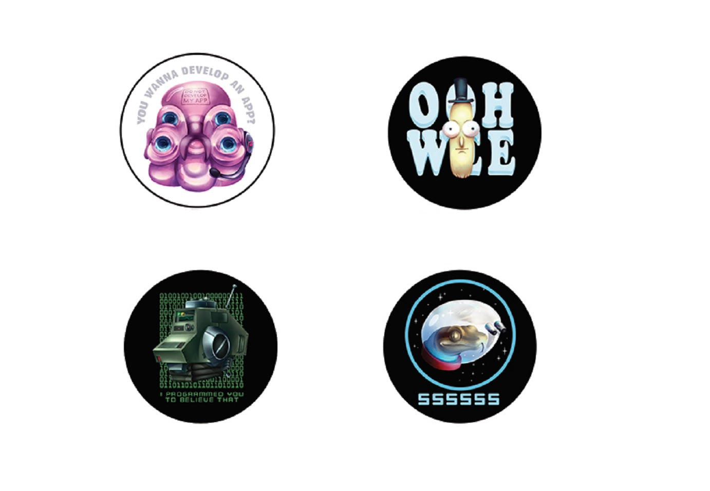 RICK & MORTY COMBO BUTTONS - Develop An Appt, Ooh Wee, Heistotron Face & Snake Egg Artwork Combo 4 x Buttons