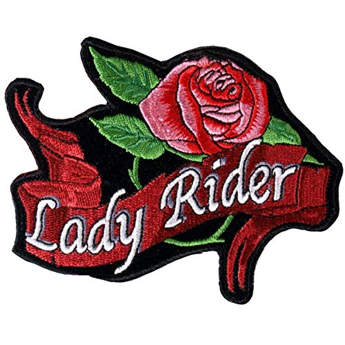 LADY RIDER ROSE BANNER, High Thread Embroidered Iron-On / Saw-On Rayon PATCH - 4" x 3"