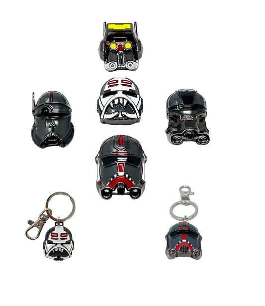 Disney's Star Wars BAD BATCH 3-Dimensional Metal Pin Combo Set (5 x 3D Helmet Pins) & 3D Hunter Keychain + FREE STAR WARS 3D Wrecker Keychain