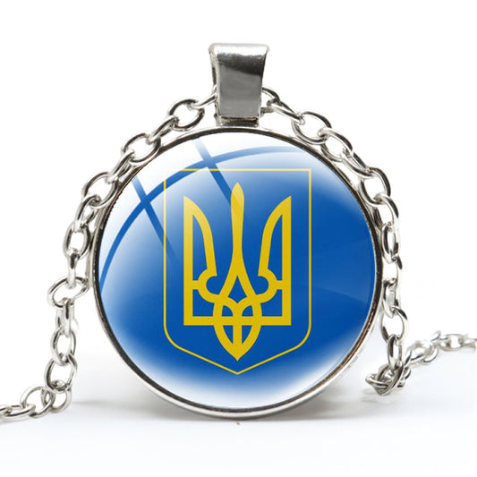 "Ukraine Coat of ARMS Chain Necklace, The Famous Ukrainian Symbol Tryzub with Glass Top Silver Chain Pendant Necklace"