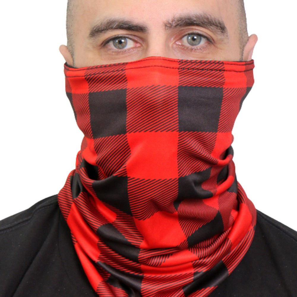 RED BLACK PLAID, TUBE NECK GAITER - Soft Breathable 100% Polyester Microfiber Lined Neck Warmer Face Cover NECK GAITER