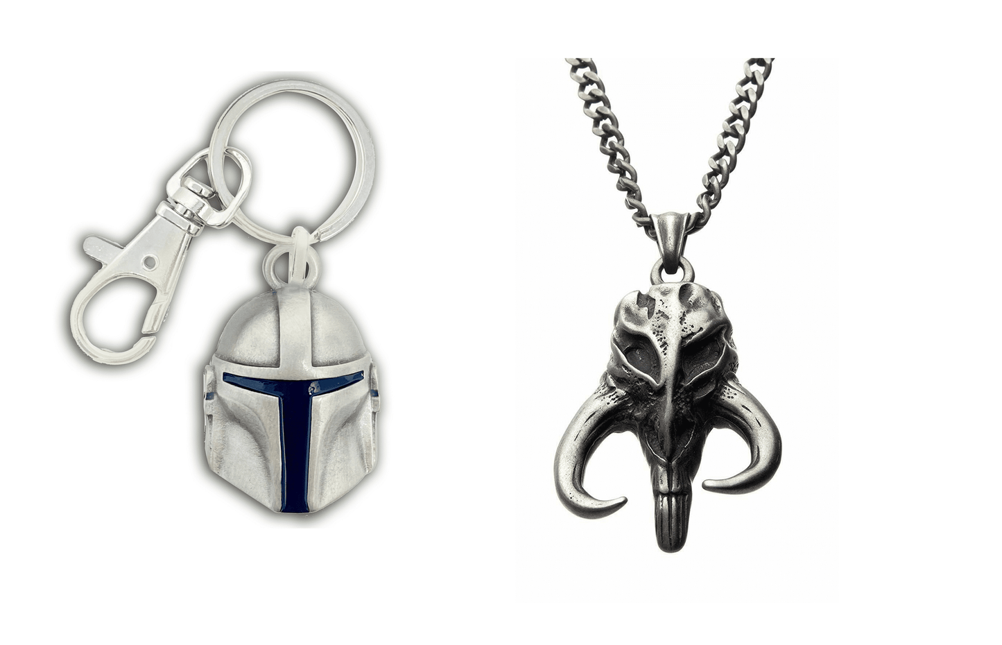 THE STAR WARS MANDALORIAN HELMET KEYCHAIN & MYTHOSAUR SKULL PENDANT NECKLACE - Officially Licensed Star Wars Combo (2-Pack)