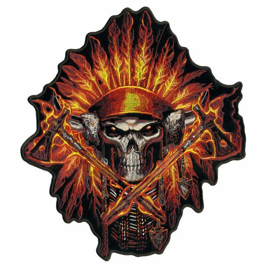 FLAME HEADDRESS INDIAN, Exceptional Quality Iron-On / Saw-On, Heat Sealed Backing Rayon PATCH - 11" x 12"