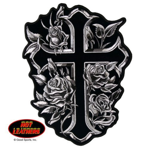 CROSS AND ROSES, High Thread Embroidered Iron-On / Saw-On, Heat Sealed Backing Rayon PATCH - 3.5" x 4"