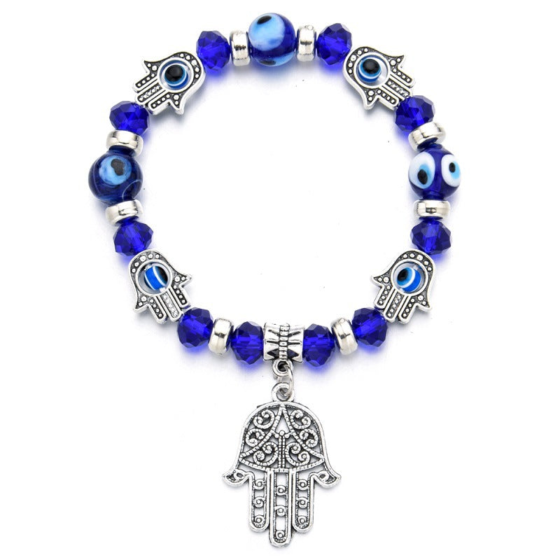 Evil Eye Blue Beaded Hamsa Hand of Fatima Bracelet, Turkish Evil Eye Lucky Charm Stretch Bracelet, 22cm