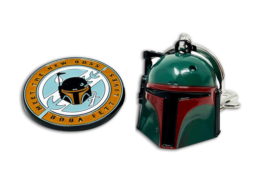 THE BOOK OF BOBA FETT HELMET KEYCHAIN & MEET THE NEW BOSS PIN Combo SET, Lucasfilm Disney+ Star Wars Bounty Hunter PIN & KEYCHAIN SET