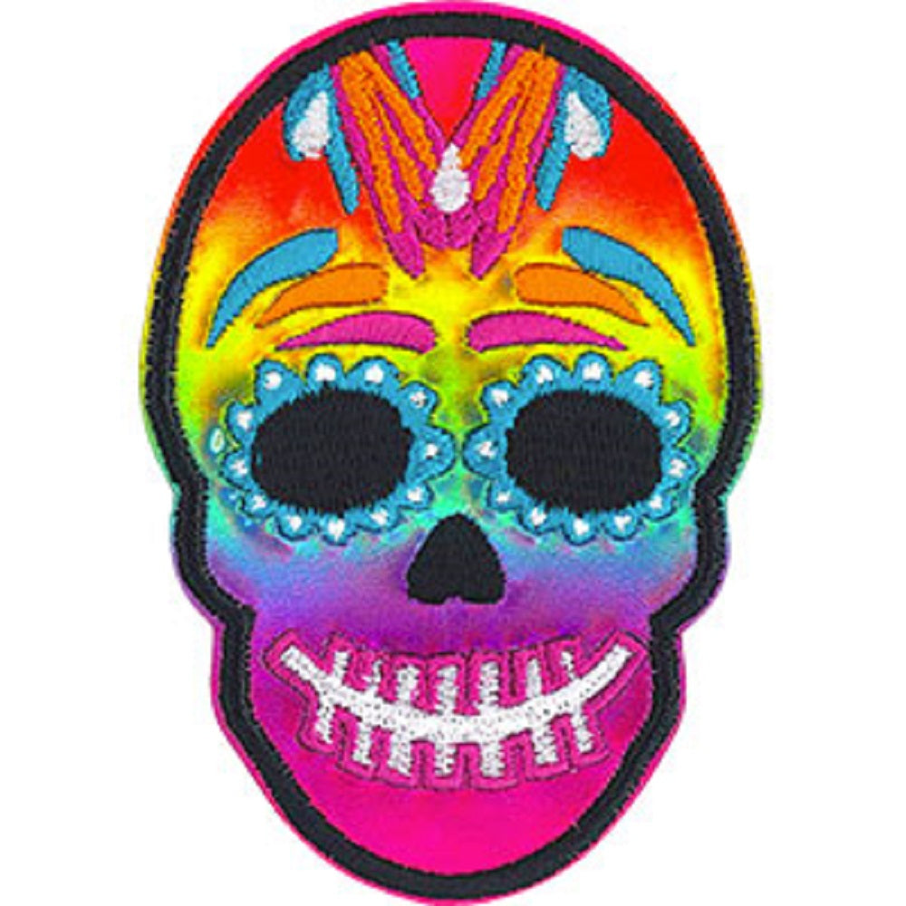 SKULLS & SKELETONS PATCH - CANDY SKULL PASTEL RAINBOW - Embroidered Iron-On / Sew-On PATCH - 2.5" x 3.6"