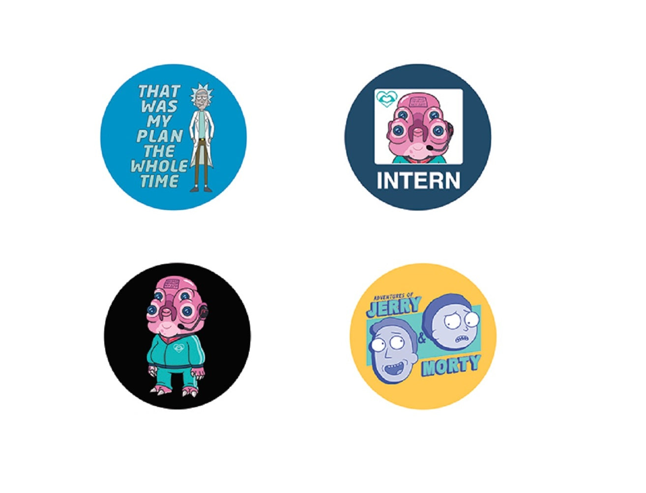 RICK & MORTY COMBO PACK BUTTONS - Intern, Glootie Man, Jerry and Morty & My Plan Original Artwork Combo 4 x Buttons