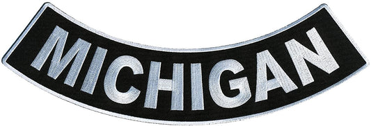 MICHIGAN BOTTOM ROCKER, PATCH - United States MICHIGAN High Thread Iron-On Heat Sealed Backing Sew-On Biker's Large Patch - 12” x 3”