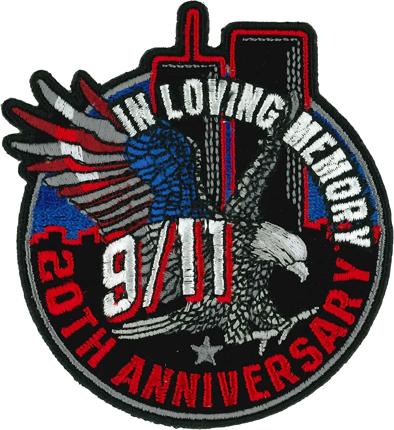 Sept 11 - 20th Anniversary 2001 - 2021, IN LOVING MEMORY, 9/11 PATCH, with the Eagle the Towers, Heat Seal Iron-On Sew-On PATCH - 3.25" x 3.5"