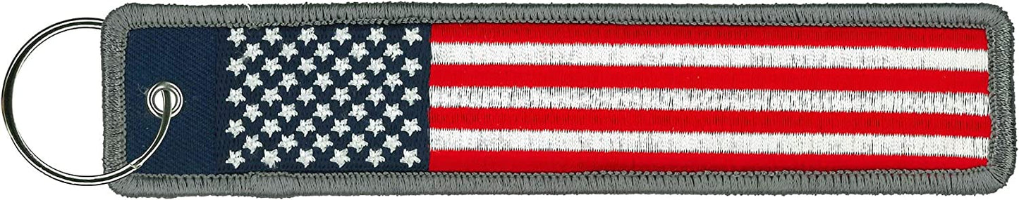 USA FLAG, FOB KEYCHAIN - Double Sided High-Quality Full Thread Embroidered Rayon Biker FOB Keychain - 1.25" x 6.2"
