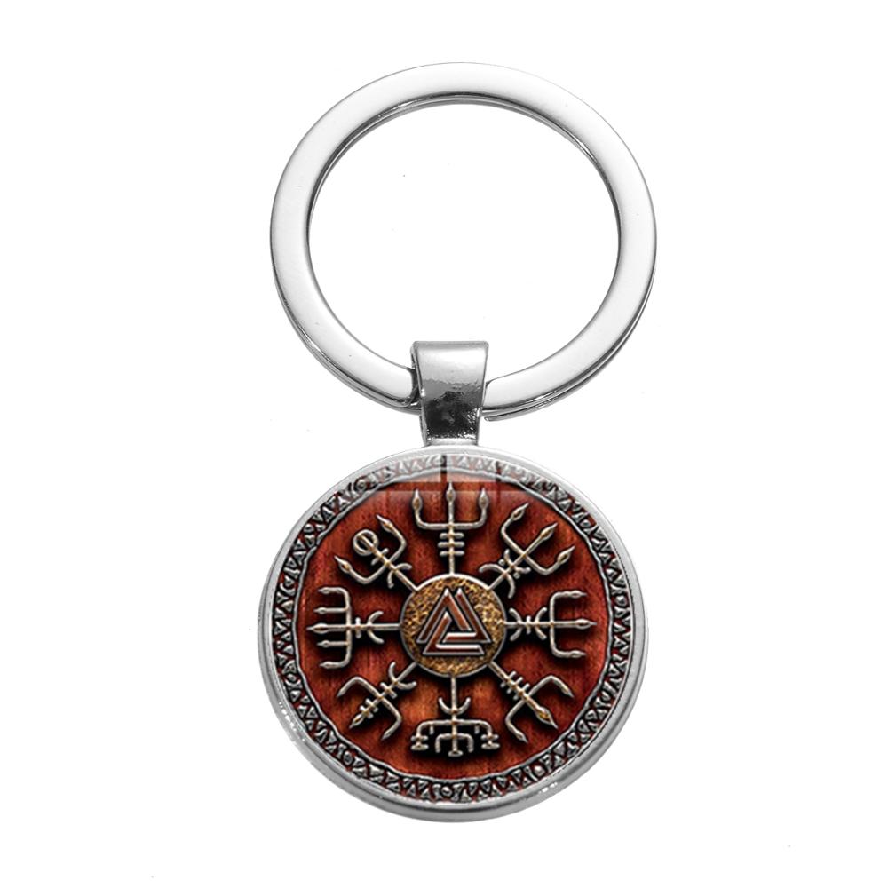 Vegvisir Valknut Symbol Nordic Viking Compass Keychain - Vintage Trinity Nordic Runes Glass Dome Keyholder Keyring
