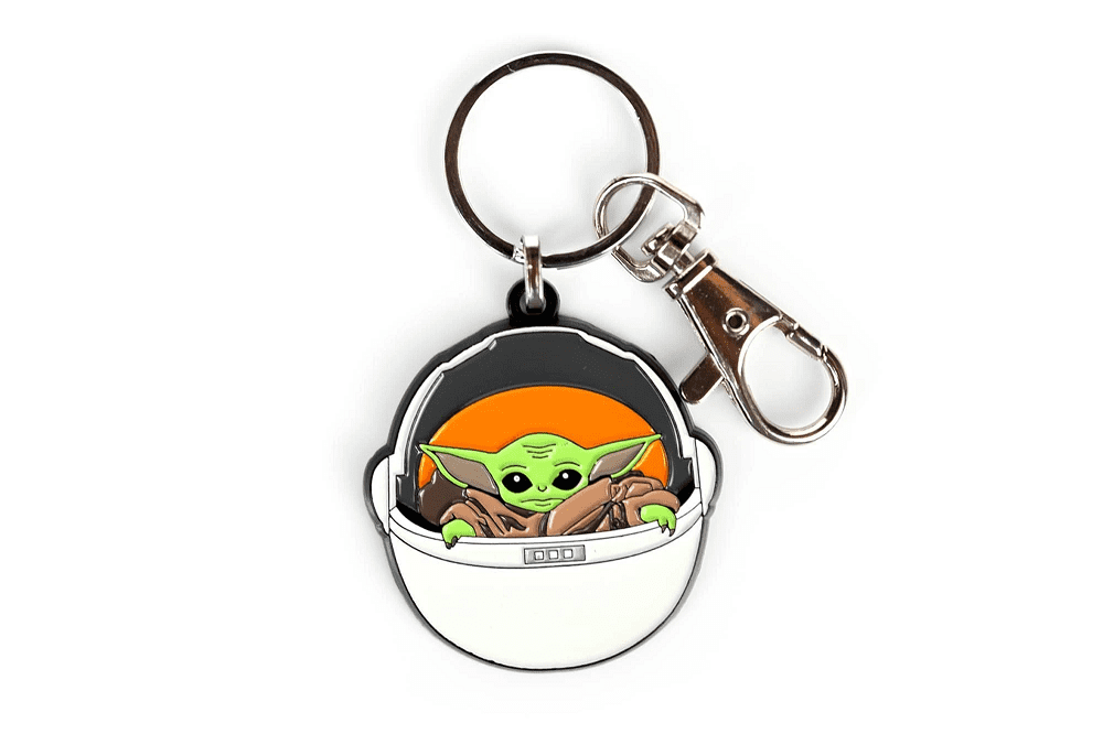 Baby Yoda Keychain - THE CHILD IN CARRIAGE, Star Wars Mandalorian, Metal Key Holder Keychain with Clip - 1.5" Round