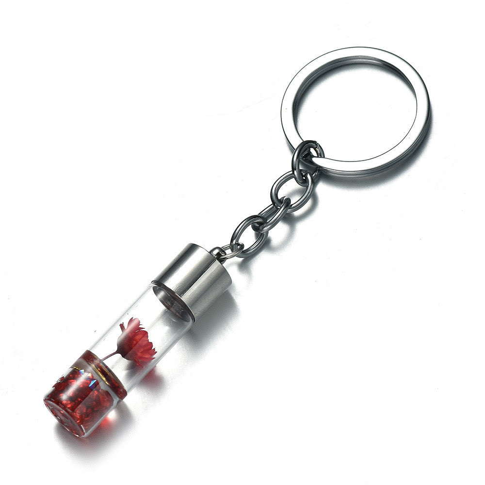Glass Wish Bottle Keychain, Wish Drift Bottle w/ Dried Flower Pendant Charms Key Ring - Red