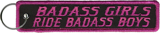 BAD@@S GIRLS RIDE BAD@@S BOYS, FOB KEYCHAIN - Double Sided High-Quality Full Thread Embroidered Rayon Biker FOB Keychain - 1.25" x 6.2"