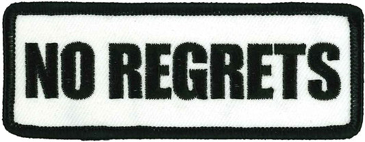 NO REGRETS, PATCH - Black Border in White Background High Thread Iron-On Heat Sealed Backing Sew-On Patch - 4" x 2"
