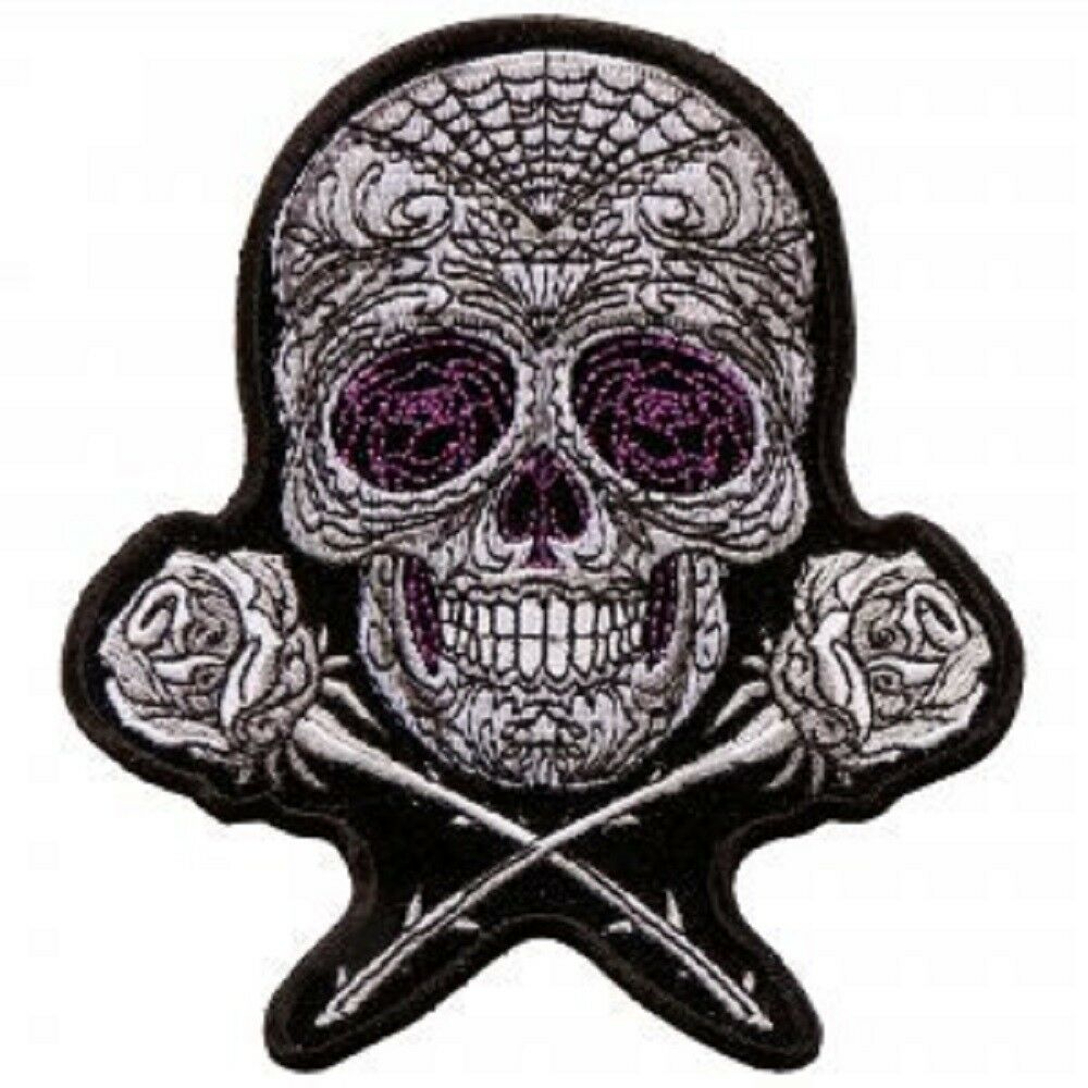 SKULL & BONES, PATCH - Roses Sugar Skull with Cross Bones High Thread Iron-On Heat Sealed Backing Sew-On Biker's Patch - 4" x 5"