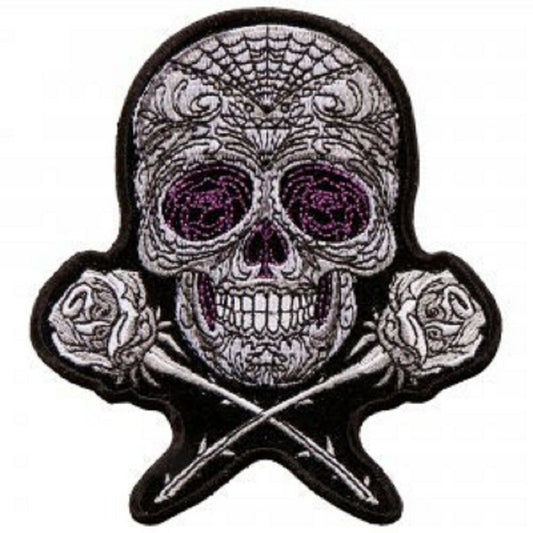 SKULL & BONES, PATCH - Roses Sugar Skull with Cross Bones High Thread Iron-On Heat Sealed Backing Sew-On Biker's Patch - 4" x 5"