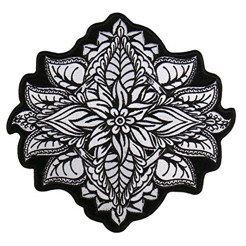 HENNA FLOWER, High Thread Embroidered Iron-On / Saw-On Rayon PATCH - 8" x 8", Exceptional Quality
