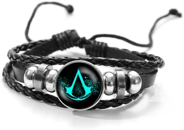 Game Bravo Faith Charm Bracelet, The Assassin's Creed Green with Glass Photo Dome Button Multilayer PU Leather Wristband - Black