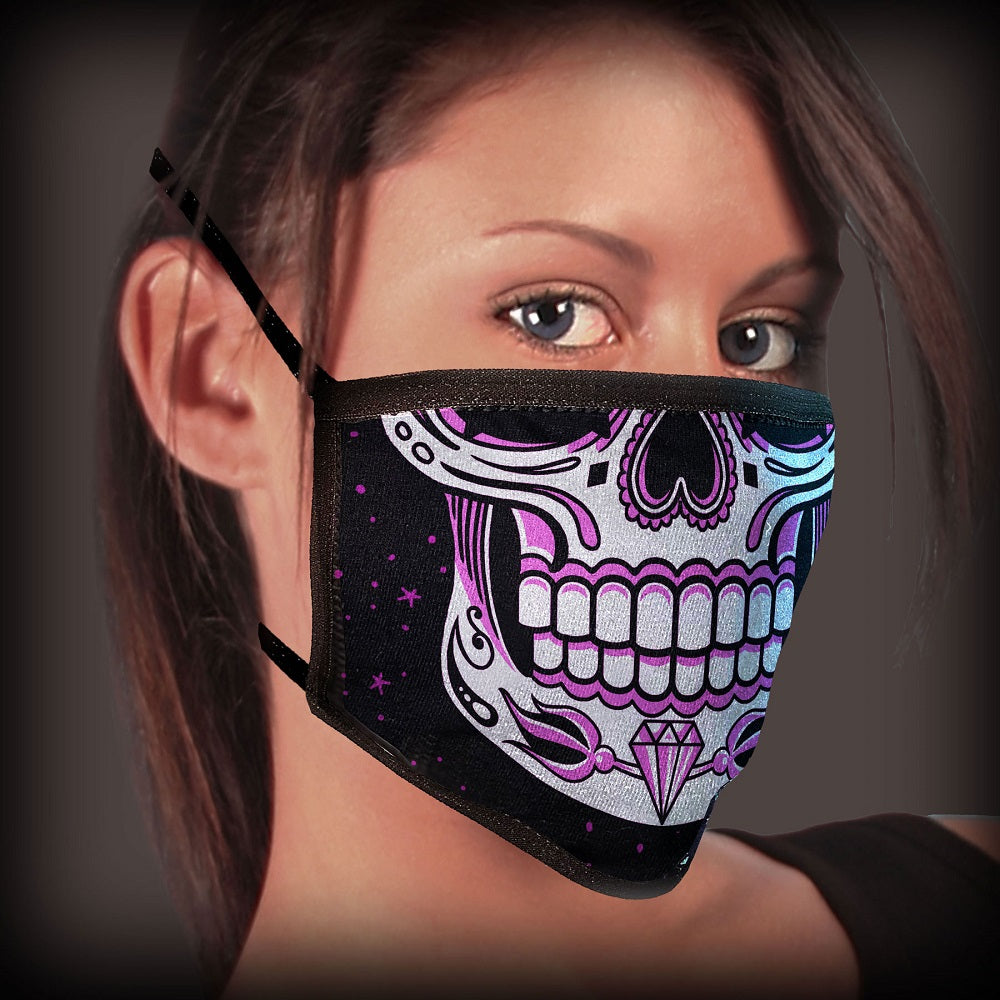 SUGAR SKULL, Multilayered FACE MASK - Horror Calavera Skull, Super Soft Cotton Moisture Absorbent Washable & Reusable Bike Rider Face Mask