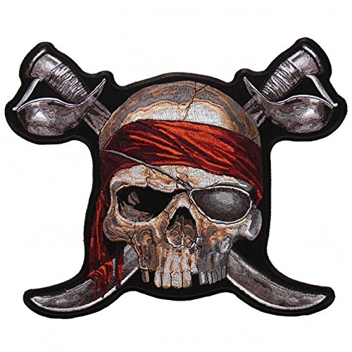 PIRATE SKULL 2, High Thread Embroidered Iron-On / Saw-On, Heat Sealed Backing Rayon PATCH - 4" x 3"