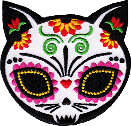 Evilkid Gato Muerto Sugar Skull Cat PATCH, Iron-On / Saw-On, Carded & Packaged Individually - 3" x 3"