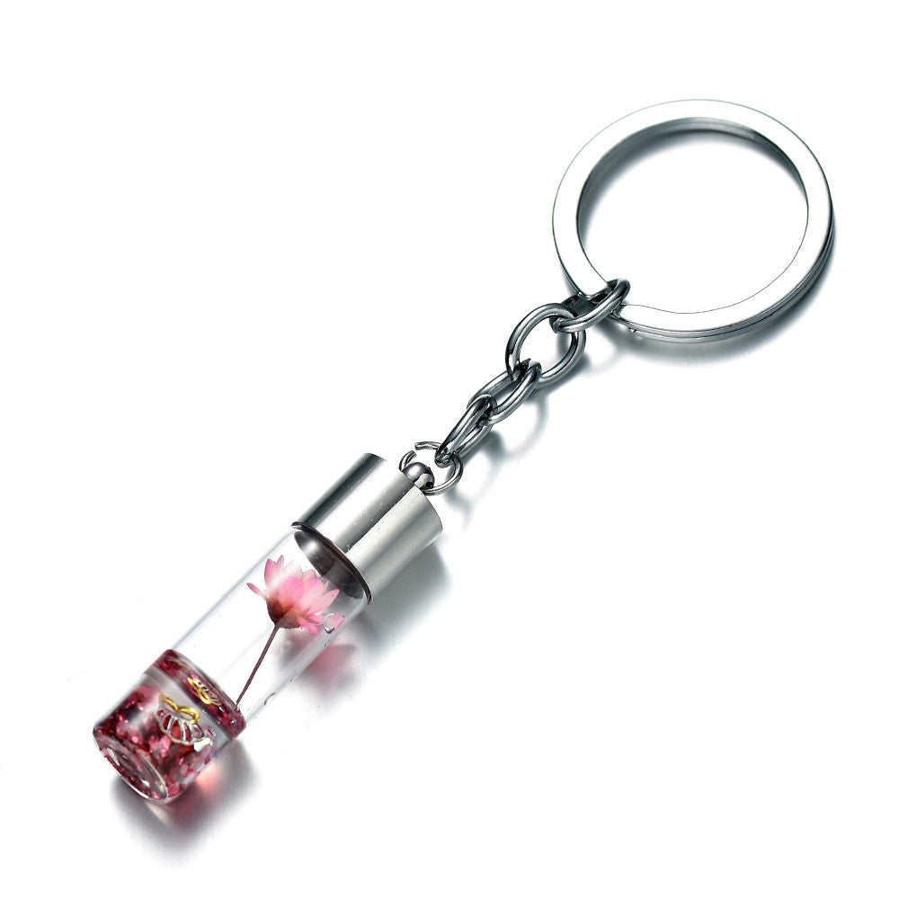 Glass Wish Bottle Keychain, Wish Drift Bottle w/ Dried Flower Pendant Charms Key Ring - Pink