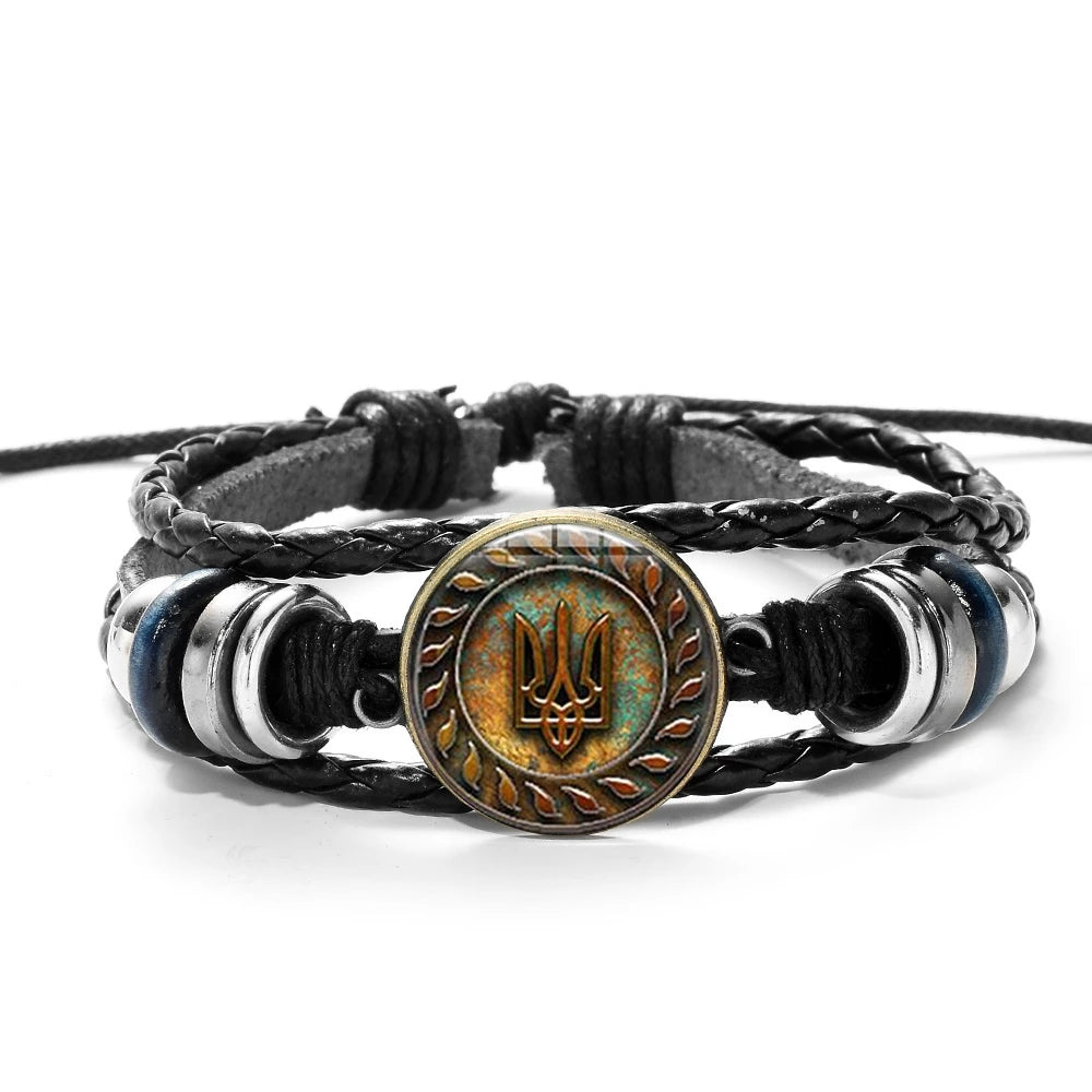 Ukraine Tryzub Charm Bracelet, The Ukrainian Coat of Arms w/ Glass Gem Multilayer PU Leather Wristband - Black
