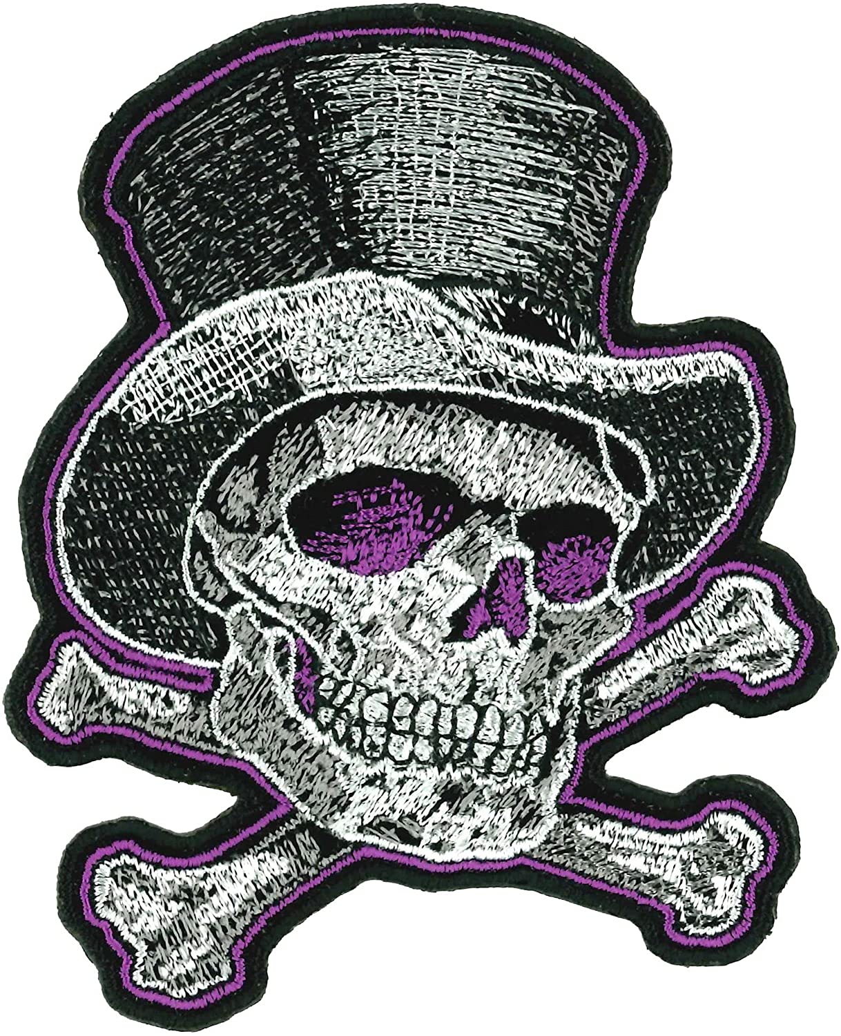 TOP HAT AND BONES BIKER, PATCH - High Thread Iron-On Heat Sealed Backing Sew-On Patch - 3.25" x 4"