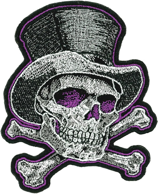 TOP HAT AND BONES BIKER, PATCH - High Thread Iron-On Heat Sealed Backing Sew-On Patch - 3.25" x 4"