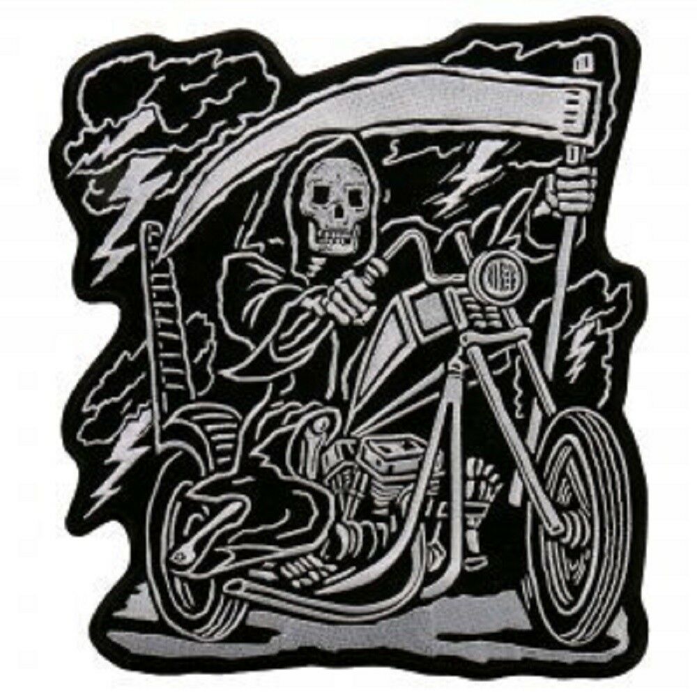 REAPER RIDER, PATCH - Reaper Rider with Motorcycle High Thread Iron-On Heat Sealed Backing Sew-On Biker's Large Patch - 9" x 11"