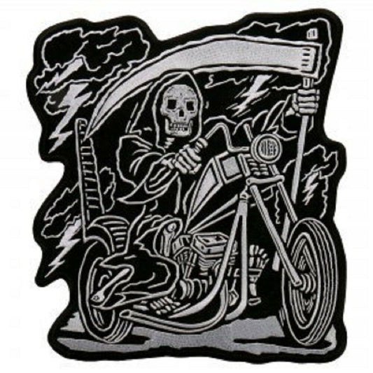 REAPER RIDER, PATCH - Reaper Rider with Motorcycle High Thread Iron-On Heat Sealed Backing Sew-On Biker's Large Patch - 9" x 11"