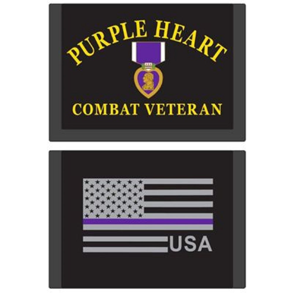 PURPLE HEART WALLET - PURPLE HEART COMBAT VETERAN - Embroidered Logo Trifold Nylon Wallet - 3.5" x 5"