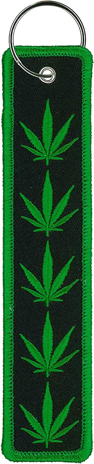 POT LEAVES, FOB KEYCHAIN - Double Sided Full Thread Embroidered Rayon Biker FOB Keychain - 1.25" x 6.2"