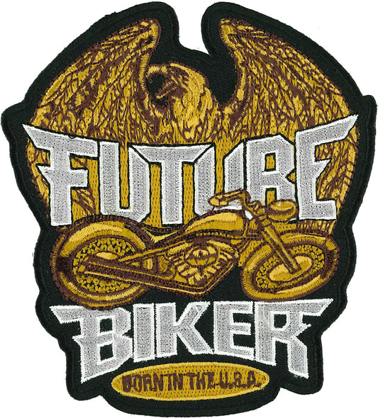 FUTURE BIKER Born In The USA PATCH, Embroidered Heat Sealed Backing Sew-On / Iron-On Biker's PATCH - 4.5"